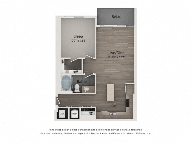 Floor plan for 1 bed, 1 bath, 776 sqft